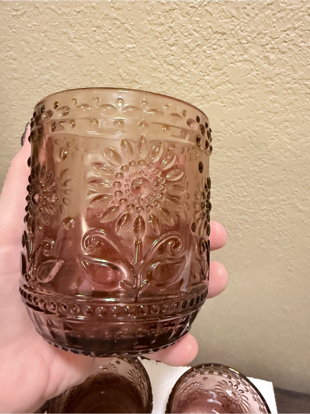 Purple Glass Drinking Glasses Flower Design Set of Six
